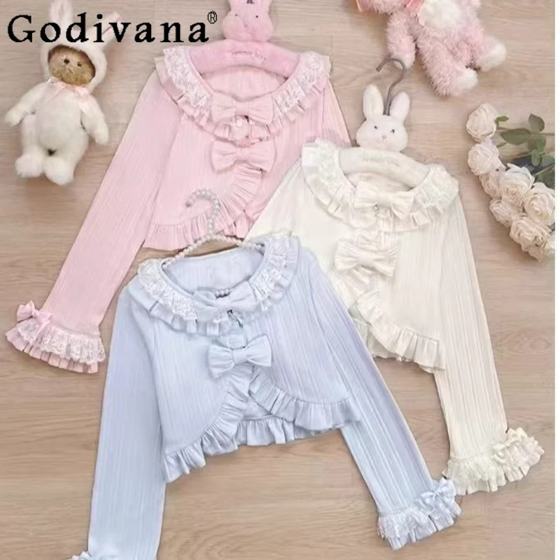

2025 Autumn New Girls Woman's Sweet Lolita Knitted Cardigan Japanese Woman's Slim Fit Cute Bow Elegant Knitted Jacket Sweaters