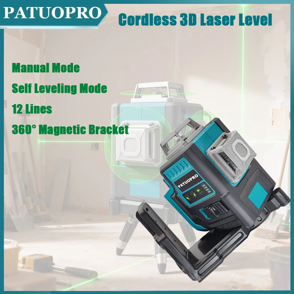 12 Lines 3D Cordless Laser Level 360 Degree Vertical Level Meter Self-leveling Manual 2 Modes Power Tool For Makita 18V Battery