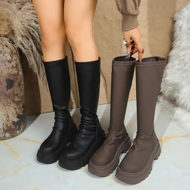 Sexy Black Thick Bottom Knee High Boots Women 2026 Winter Comfort Platform Thick Heel Elastic Long Riding Boots Plus Size Shoes view 5