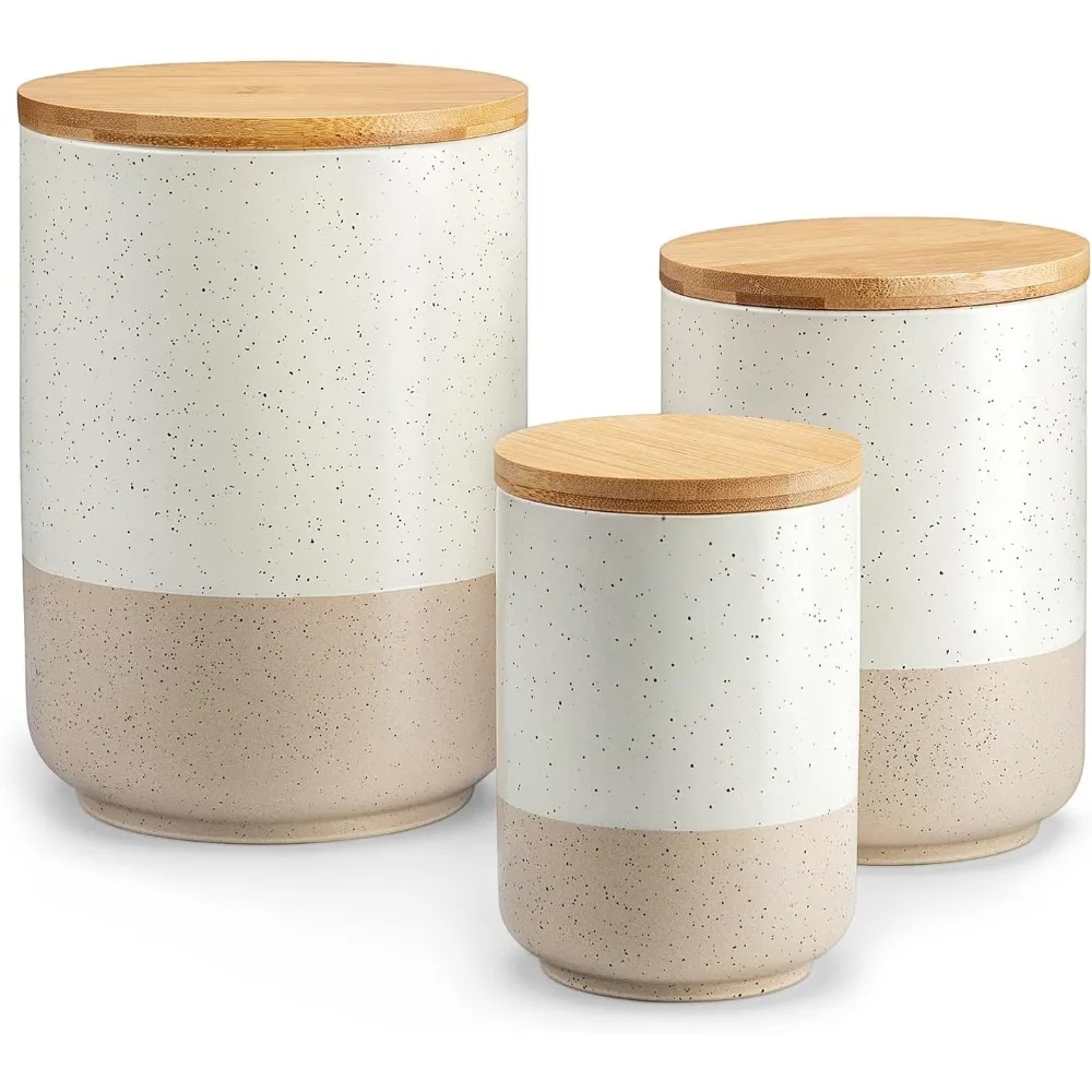 

Ceramic Kitchen Canisters for Countertop with Airtight Wood Lids, Large Flour and Sugar Containers for Coffee, Tea (Set of 3)