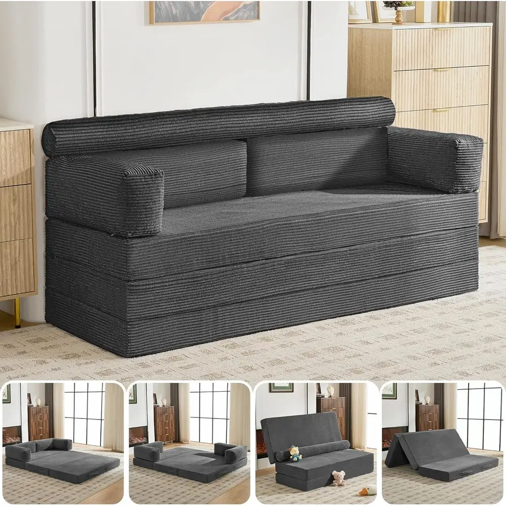 

Convertible Sofa Bed with Pull-Out Bed and Removable Armrests, Grey Corduroy Couch for Living Room or Bedroom