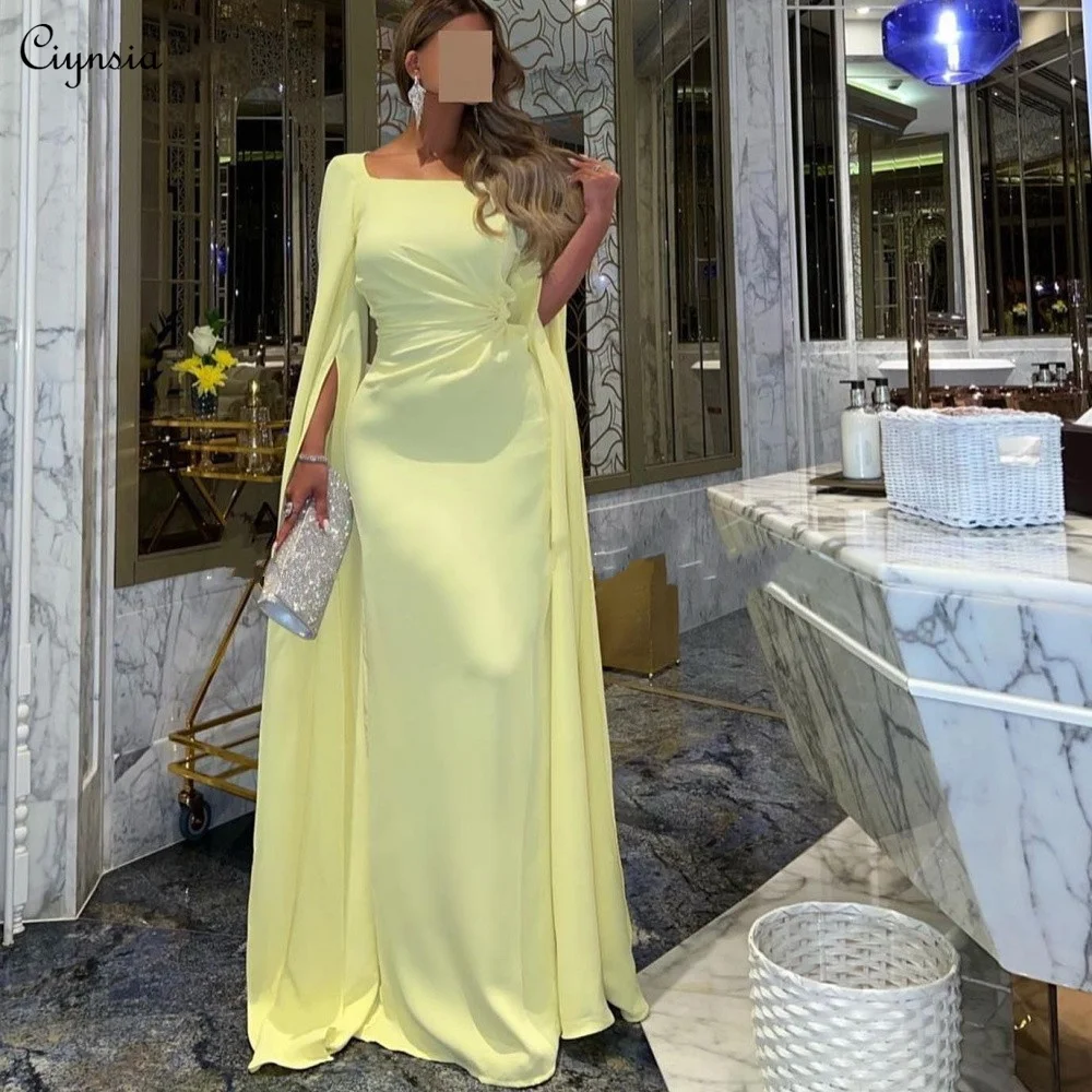 Ciynsia Elegant Square Neck Women Evening Dresses Mermaid Chiffon Yellow Saudi Arabia Formal Party Gowns Long Vestidos De Gala