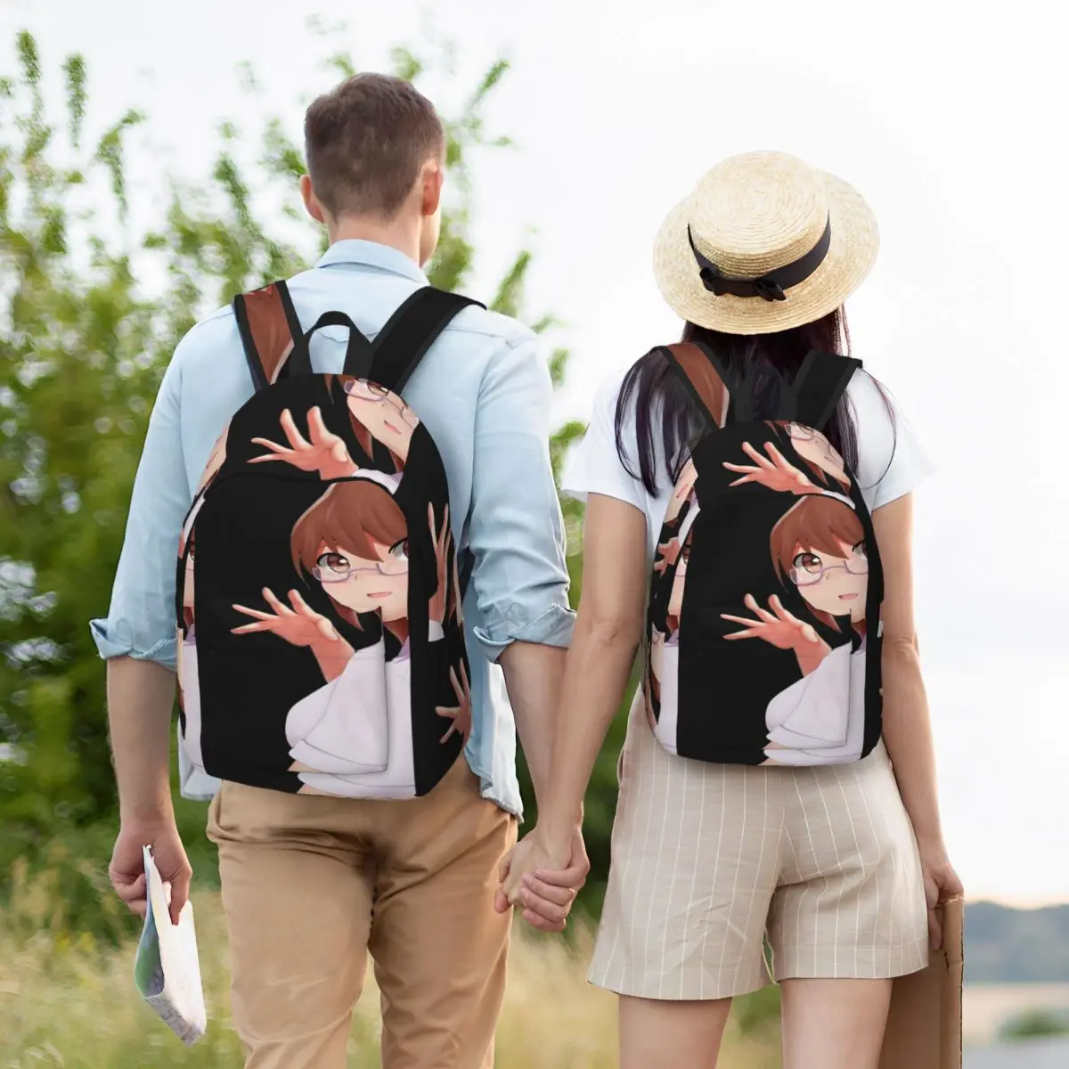 أنيمي شخصية نظارات فتاة كلاسيكية تي شيرت بسيط وأنيق على ظهره قماش حقائب الظهر للنساء