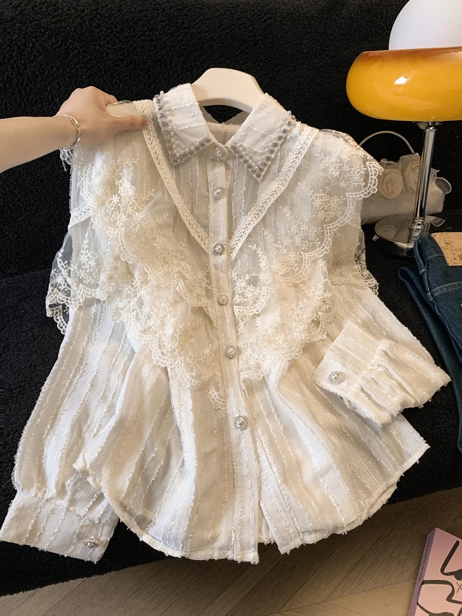 

Lace Splicing Beaded Chiffon Shirt Women's Spring Summer Base Layer High-End Sensation Straight Tube Long Sleeve Top