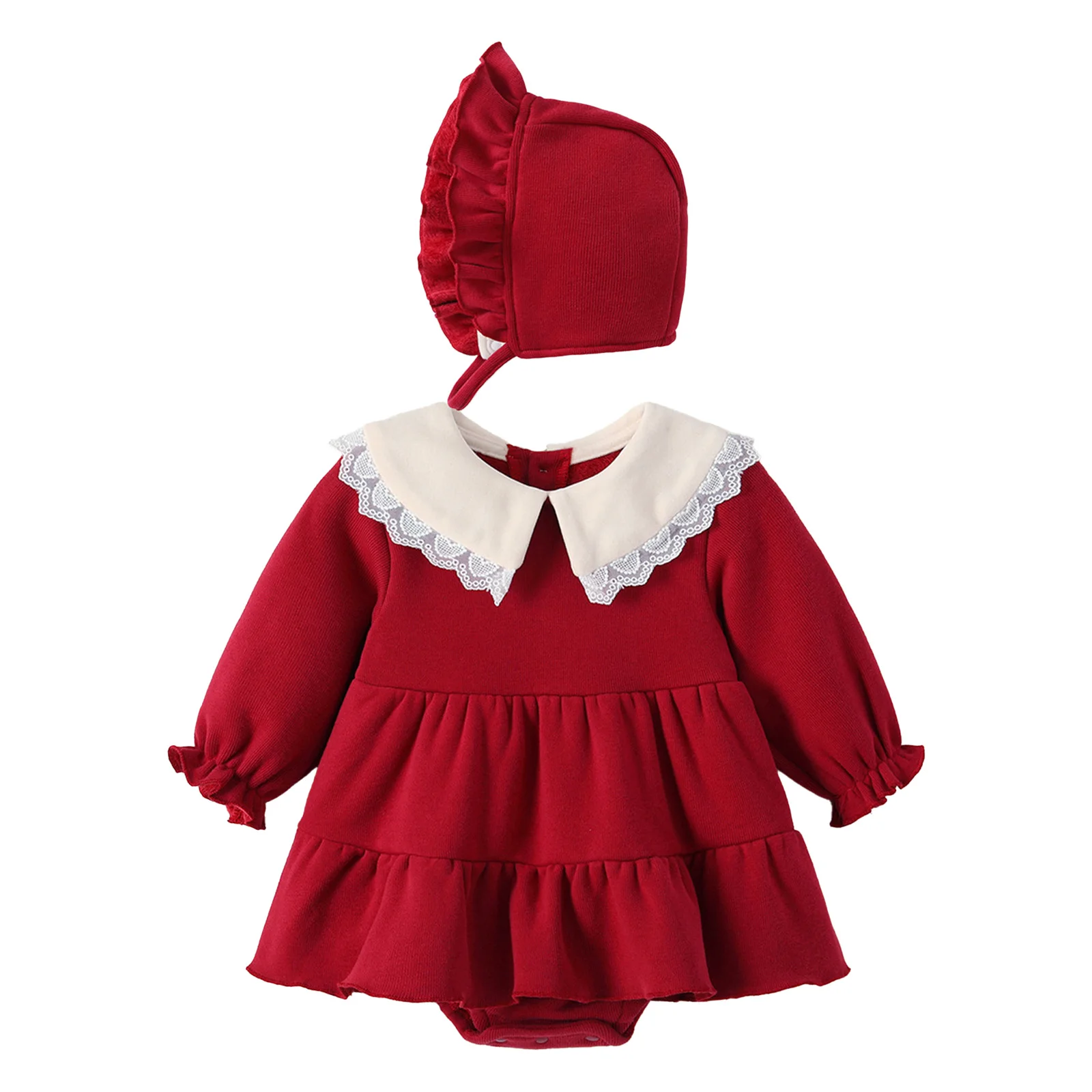 

#59-90 Infant Girls Dress Long Sleeve Button Closure Ruffled Thicken Fuzzy Romper Tops with Hat Winter Clothes Outfits for Party