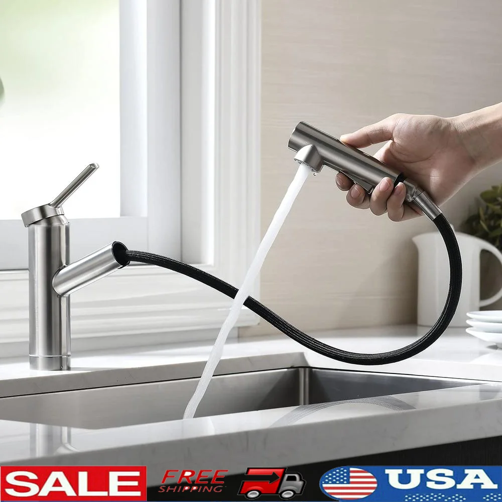 Commercial Single Handle Chrome Kitchen Bar Sink Faucet with Pull Out Sprayer Utility Prep Wet RV Lead Free Stainless Steel 2