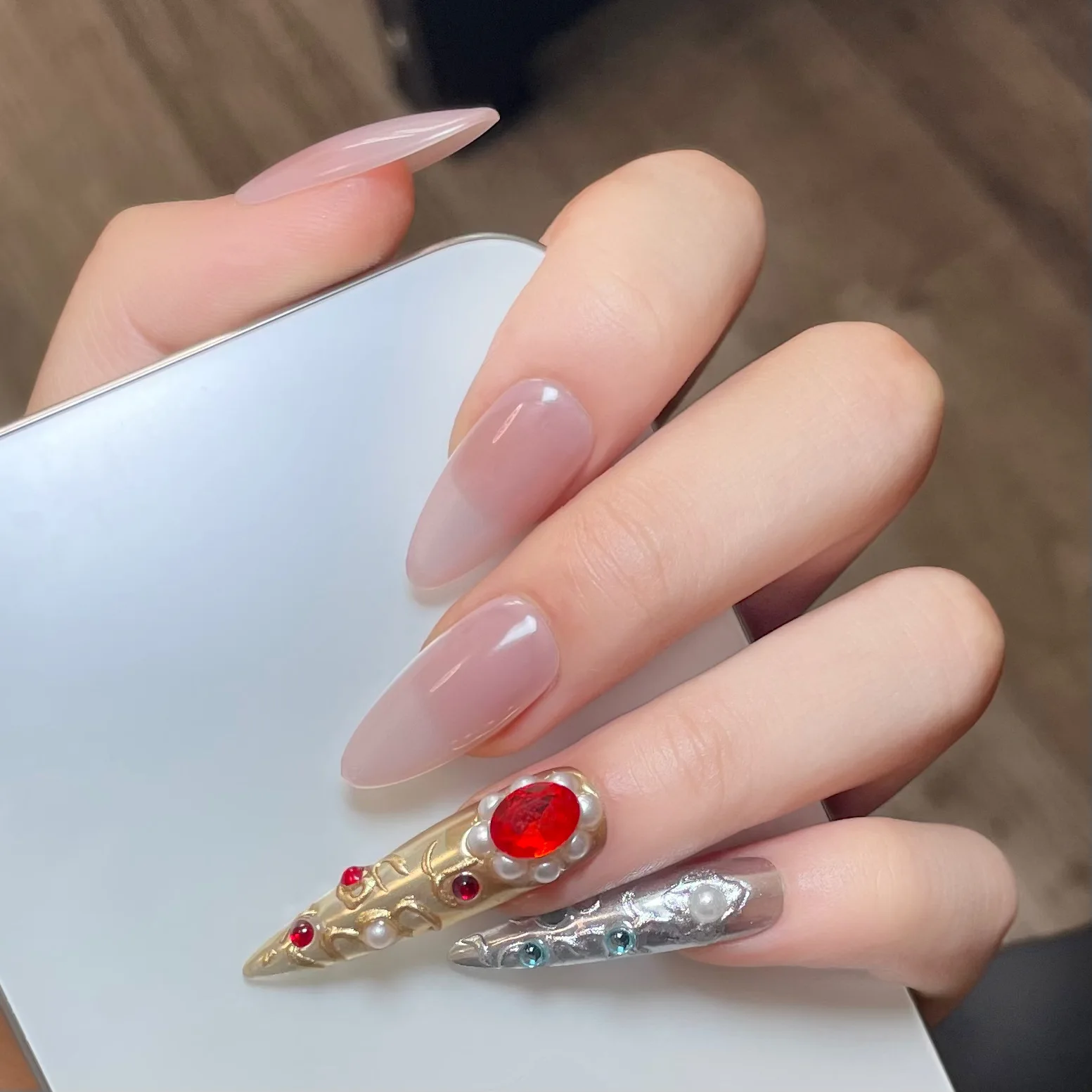 

Handmade Long Stiletto Fake Nails Nude Color Press on Nail Retro Chinese Style Finished Full Cover False Nails Tips 10Pcs