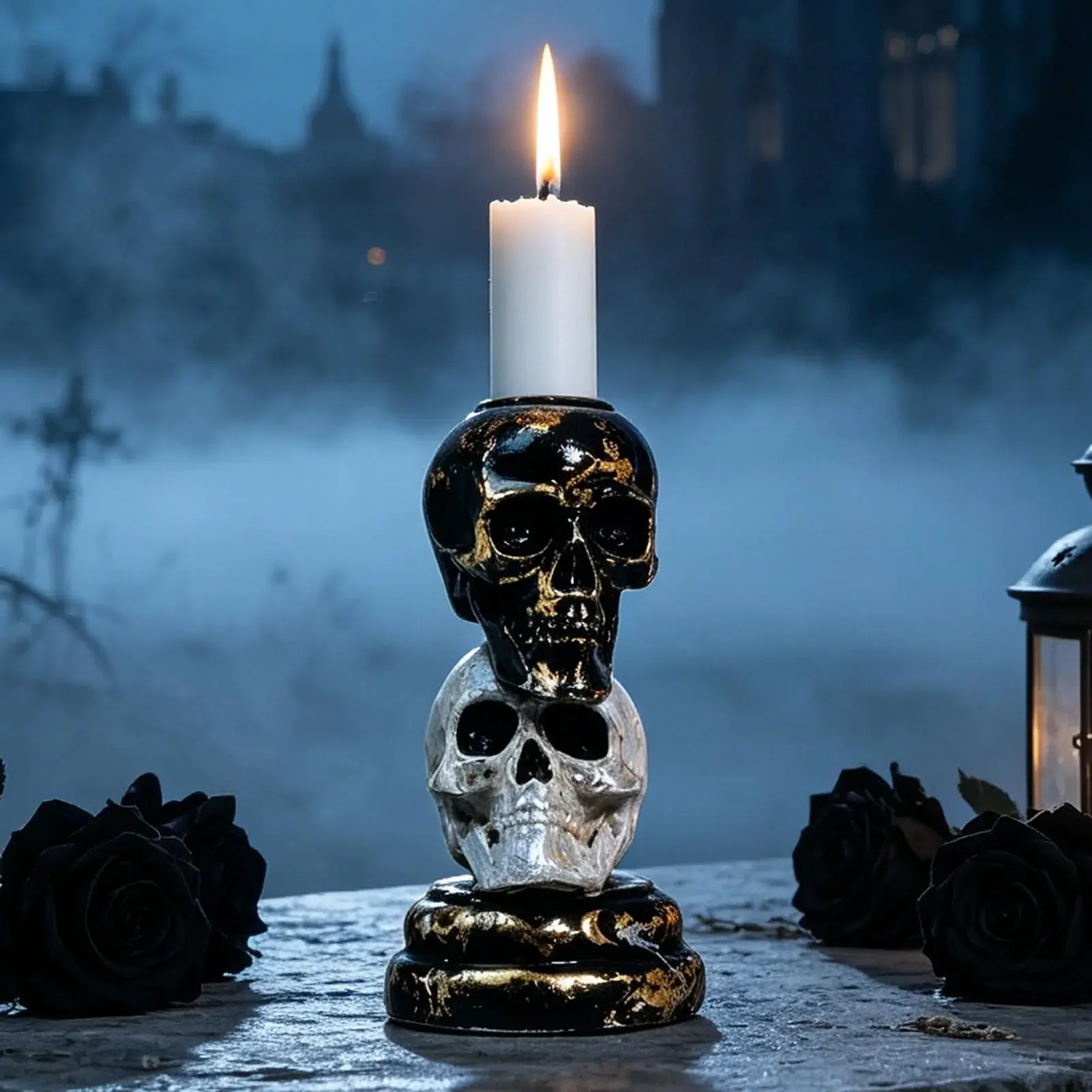 Candlestick Holders Two-Tone Resin Spooky Table Decor Skull Candlestick Halloween Decorations For Indoor Home Living Room