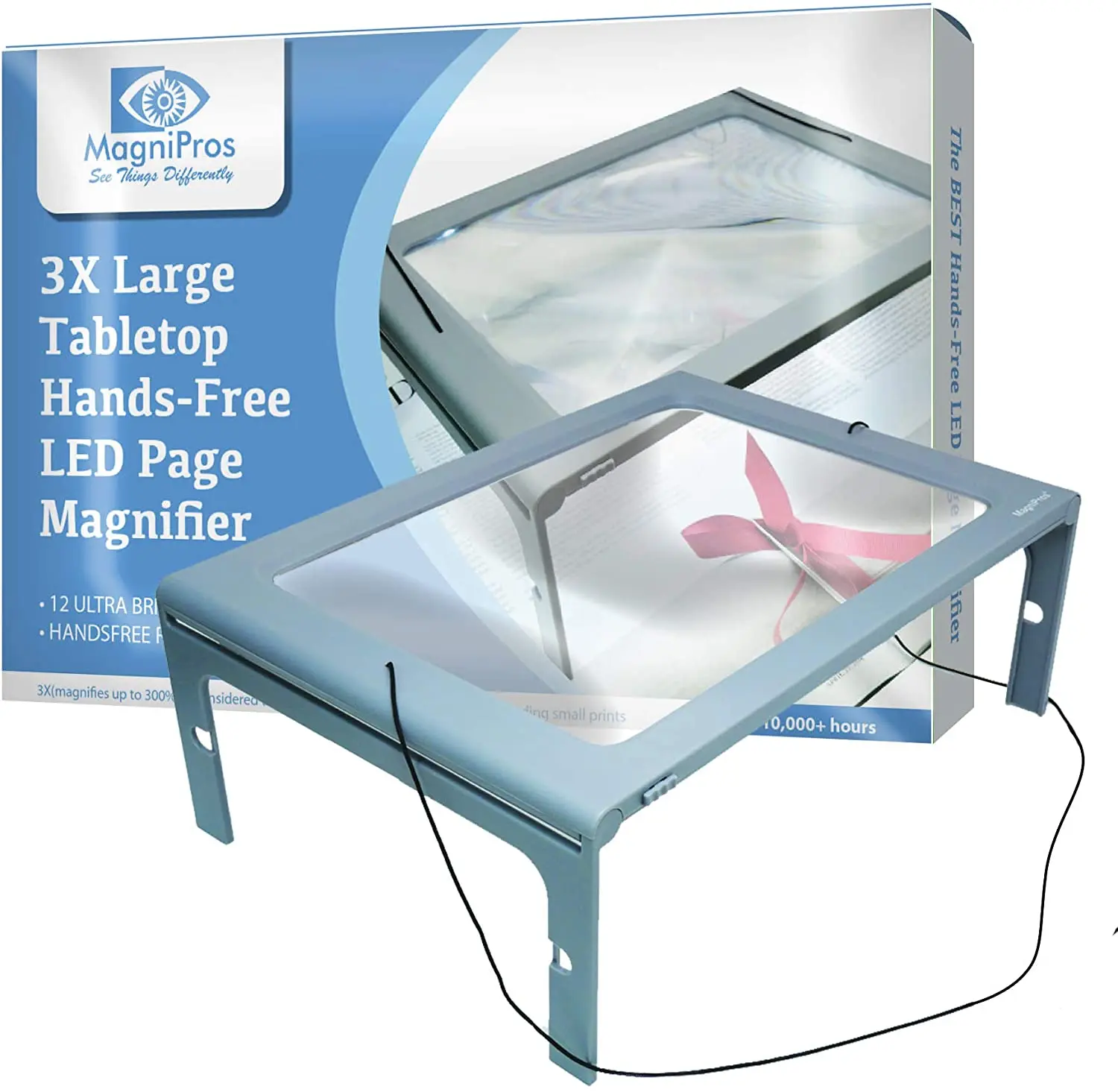 3X Large Full Page Magnifier with 12 LED Lights,Foldable Flip-Out Legs,Dual Power Supply Modes- Ideal forSeniors with Aging Eyes