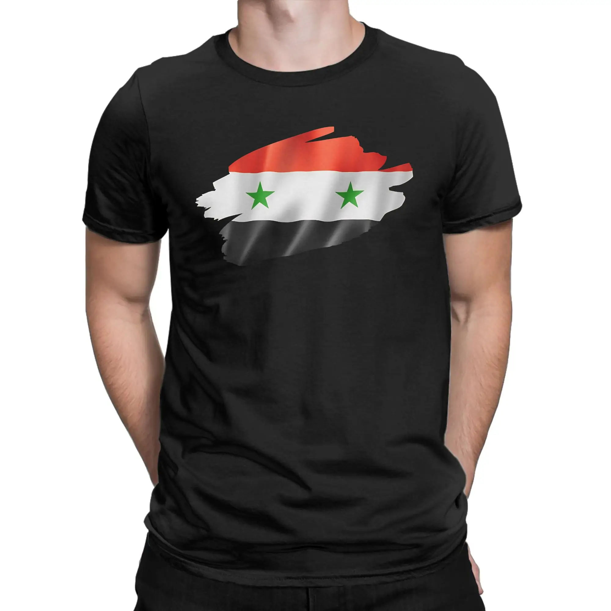 Men Syrian Flag Brush Style  T Shirts  Pure Cotton Tops Creative Short Sleeve Crew Neck Tees Summer T-Shirts