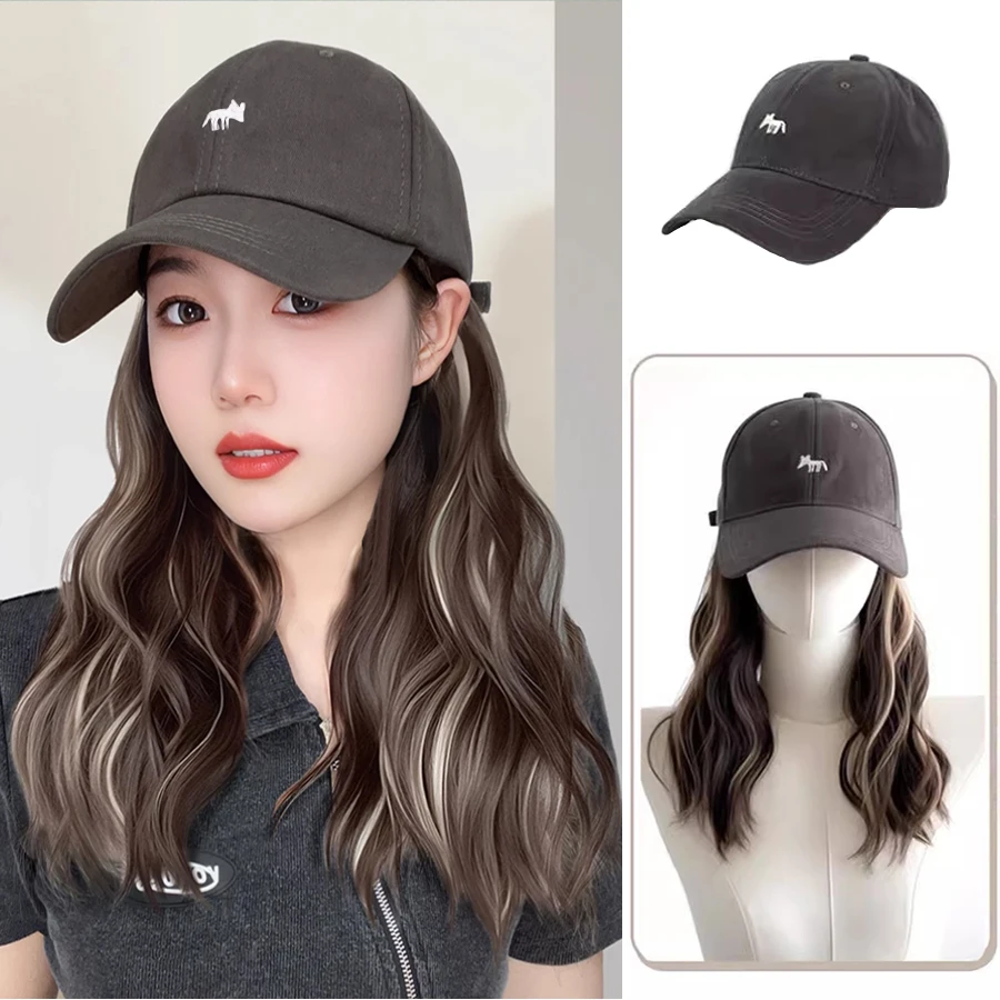 

Short synthetic baseball hat wig with water wave hair hat wig in one Little fox 3D Embroidery gray off white coffee color