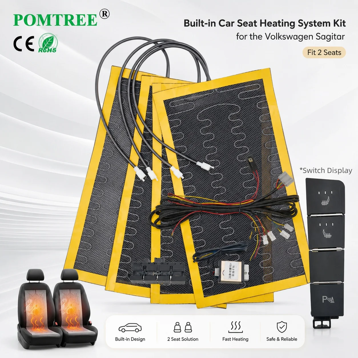 Built-in Car Seat Heating System Kit Fit For 2023 Volkswagen Sagitar Models,With 4pcs Heater Pads And Switch Kit,Fit 2 Seats