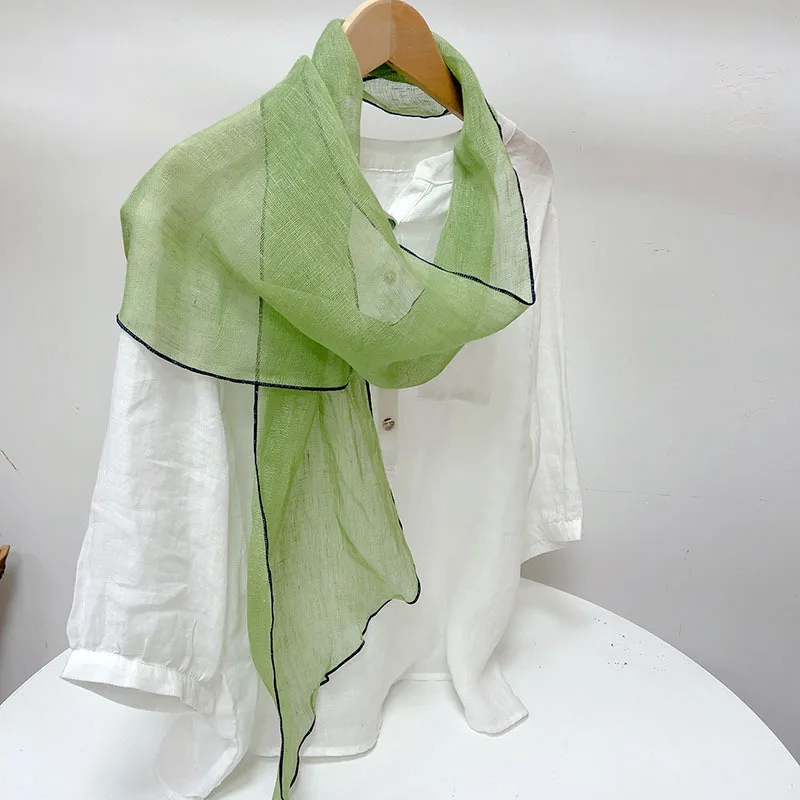 

Scarf Women Summer Linen Long Narrow Green Sun Protection Breathable Wrap Accessory For Spring Beach Holiday Gift Luxury