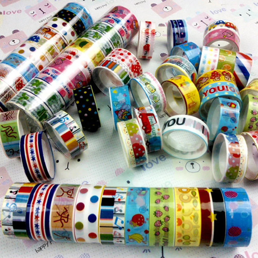 10pcs Adhesive Sticker 250x1.5cm DIY Washi Tape Cartoon Pattern Decorative Craft for Gift Wrapping Scrapbook School Supplies