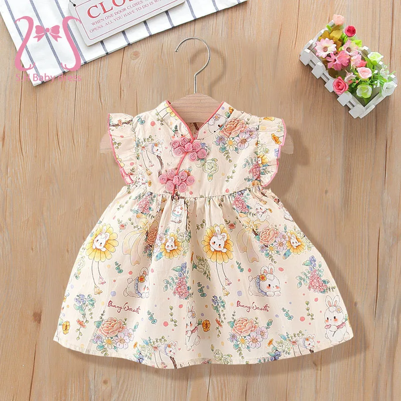 0-4 Years Old Chinese Style Baby Girl Dresses Adorable Rabbit Children Dresses Unique Button Kid Clothes Fashion Toddler Costume