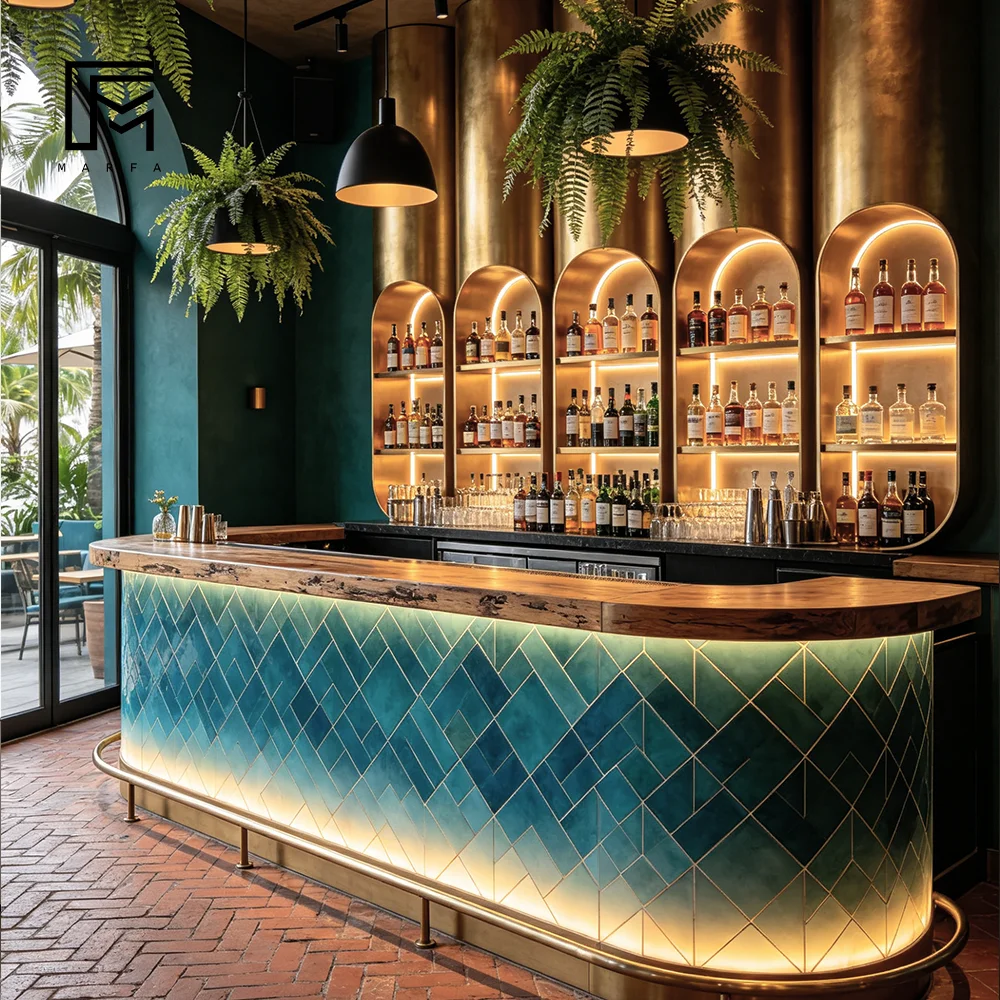 MARFA Manufacturer Custom Commercial Bar Counter Arched LED Liquor Display Shelves Hotel Restaurant Bar Interior Projects