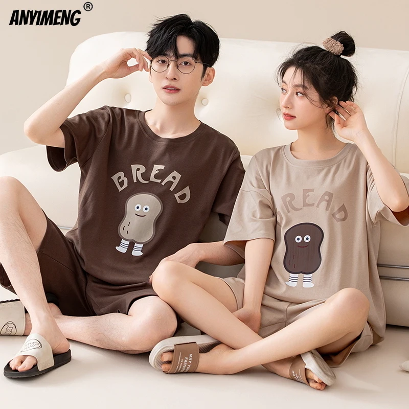 100% Cotton Summer New Fashion Short Sleeve Short Pants Couple\'s Pajamas Soft Cotton Kawaii Bear Printing Sleepwear for Lovers