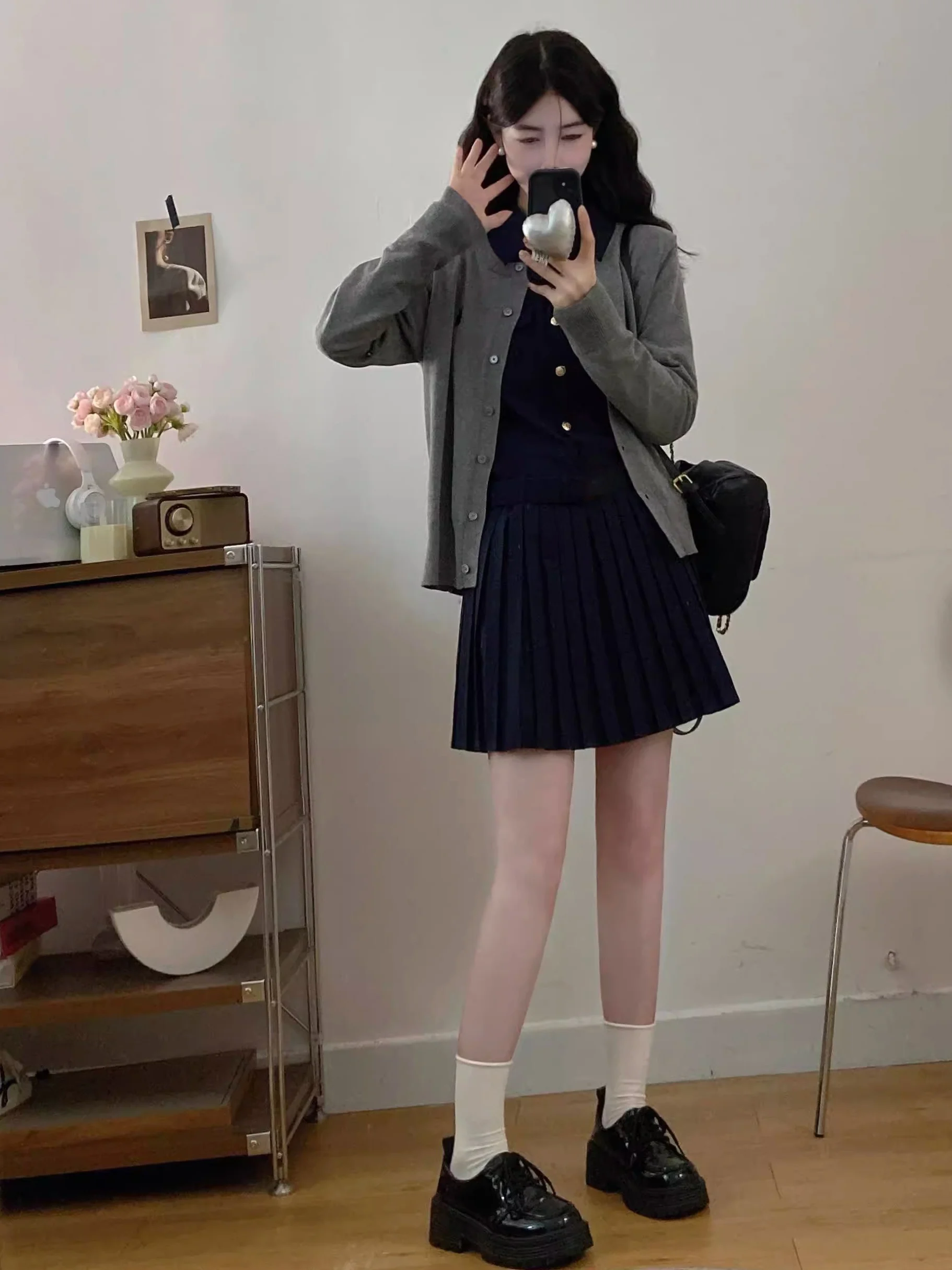 

Korean Style Grey Knitted Open Cardigan Doll Collar Dress Women plus Size Slimming Two Piece Set Spring Anti Aging