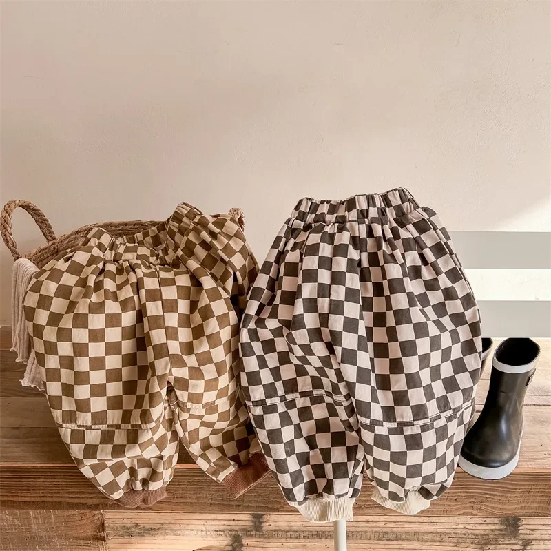 

Korean Children's Clothes 2025 Kids Girl Pants Autumn Cotton Plaid Harem Pants Boys and Girl Casual Outdoor Clothes for Children