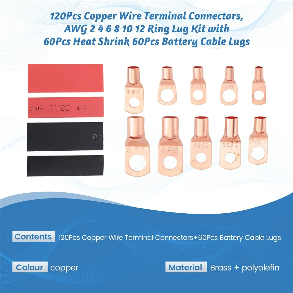 A64K 120Pcs Copper Wire Terminal Connectors, AWG 2 4 6 8 10 12 Ring Lug Kit with 60Pcs Heat Shrink 60Pcs Battery Cable Lugs