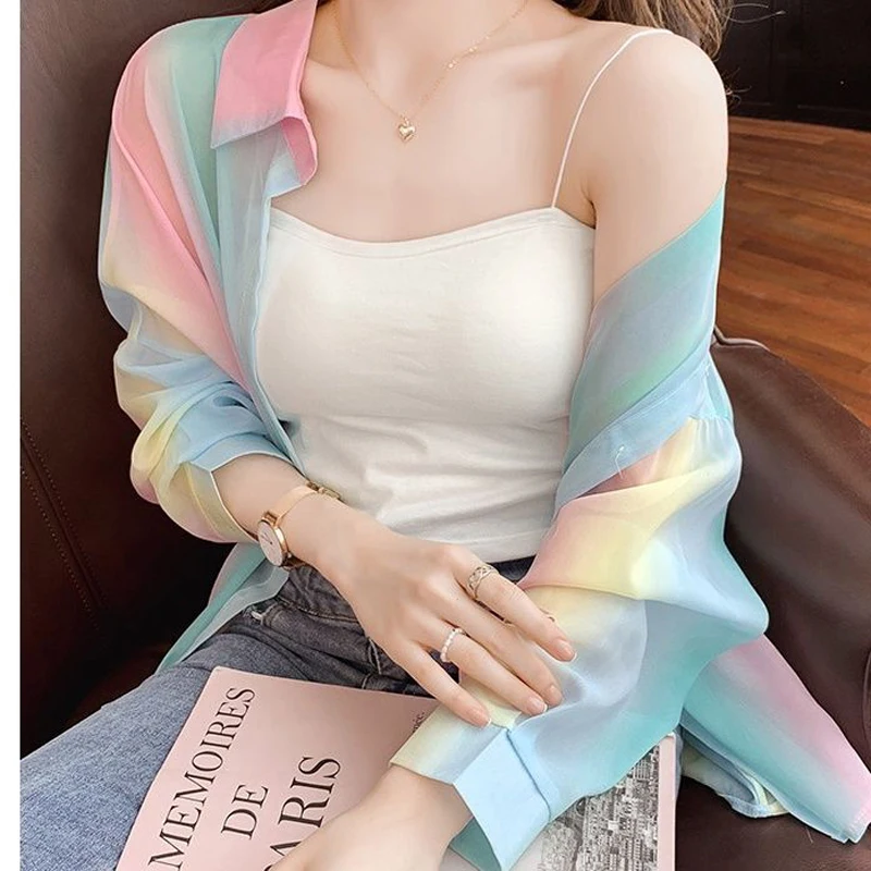 Summer Colorful Shiny Sunscreen Clothing Chiffon Shirt Patchwork Casual Tops Popular Blouse Thin Jacket Trend Loose Street Party