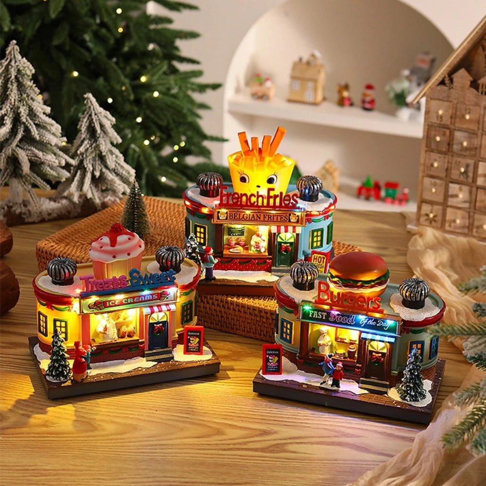 

Christmas Glowing Crafts Music Box Hamburger Ice Cream Kitchen Cafe Window Display Resin Ornaments Christmas Santa Claus Gift