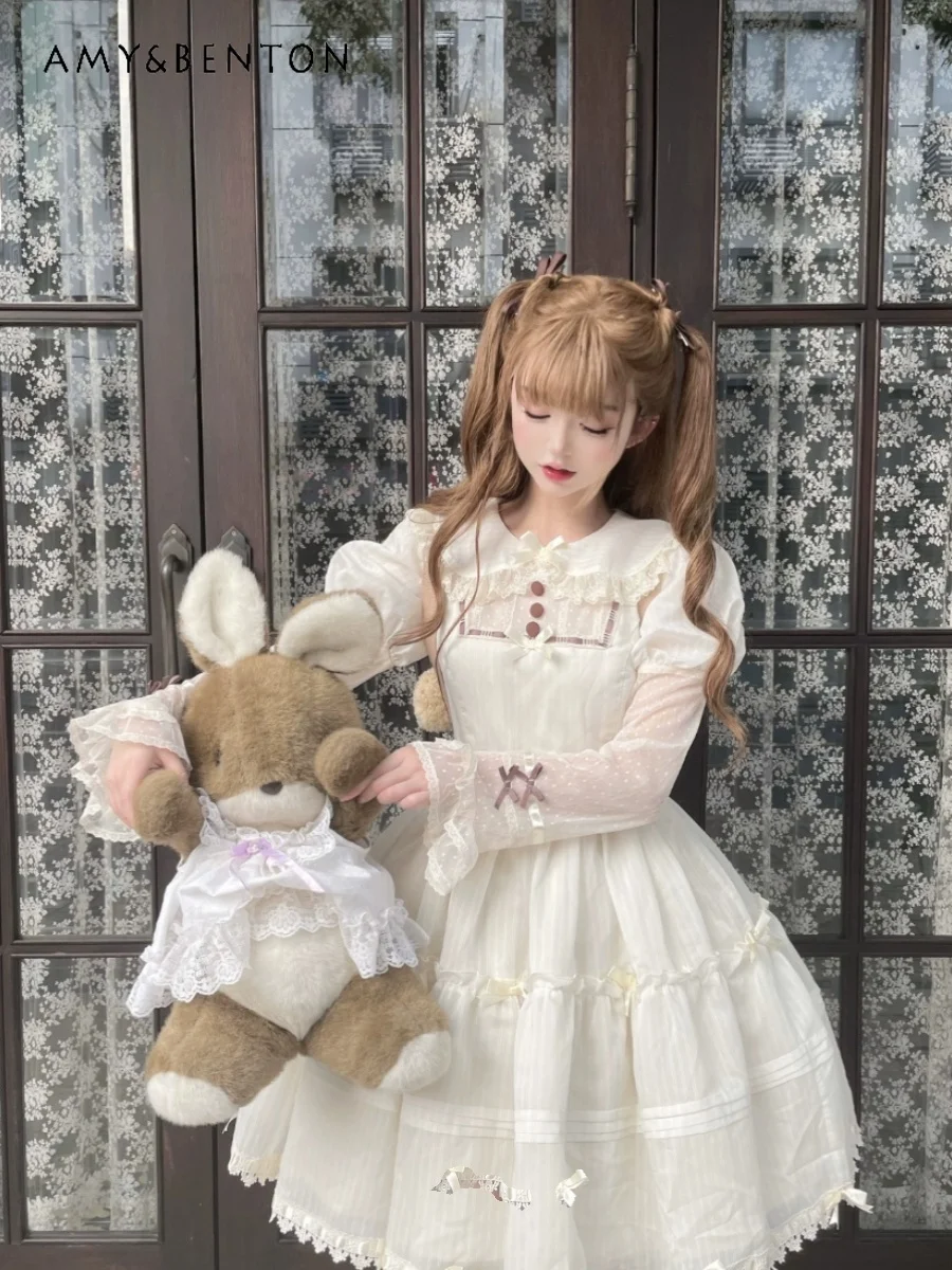 Sweet Cute Lolita Angel OP Dress Autumn Kawaii Doll Collar Bow Lace Long Sleeve Slim Knee Dress Women Y2K Princess Tutu Dresses