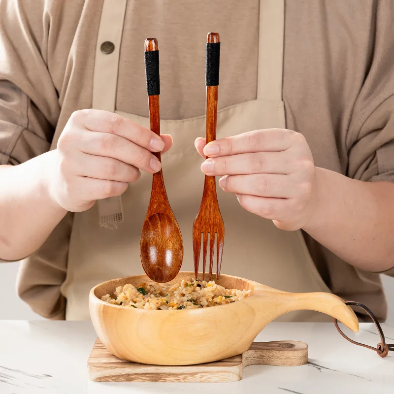 2Pcs Wooden Spoon Fork Dinnerware Set Long Handle Rice Soup Dessert Spoon Japanese Style Dinner Spoon and Fork Set Wood Cutlery