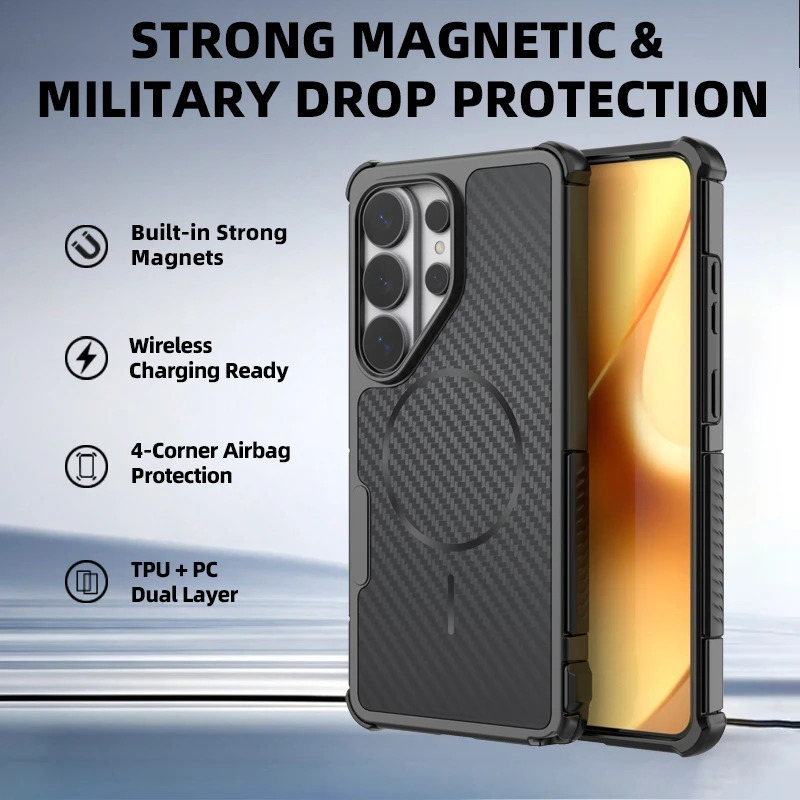 Heavy Duty Carbon Fiber Kevlar Texture PC For Magsafe Samsung Galaxy S26 S25 S24 Ultra Plus Magnetic Phone Case Bumper Cover