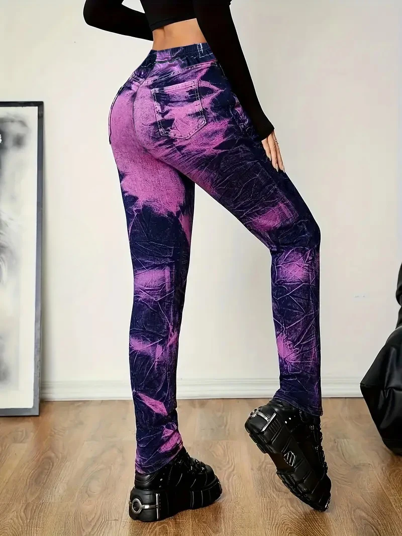 Women's Spring and Autumn Faux Denim Printed Elegant Leggings