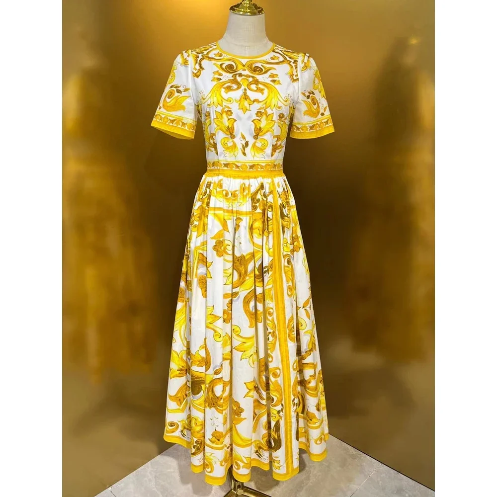 AELESEEN Runway Fashion 100% Cotton Dress Women Summer Short Sleeve Yellow Flower Print High Waist Sicilian Long Party Elegant