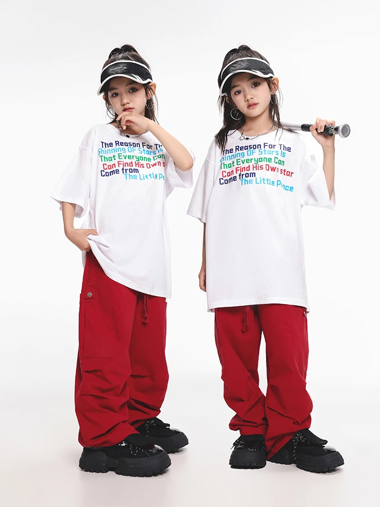 Ropa de calle para niños y niñas, Tops sueltos blancos, pantalones Cargo rojos, trajes de escenario de actuación moderna de Jazz, DQS16392, nuevo