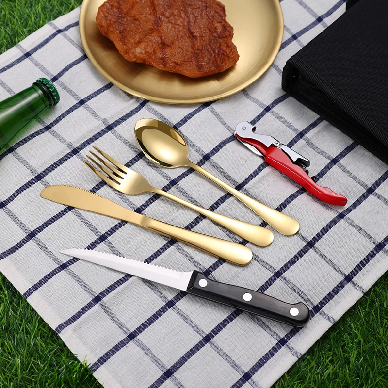 10Pcs Camping Tableware Set 304 Stainless Steel Picnic Cutlery Set With Tableware Storage Bag Portable Picnic Set Camping Dishes