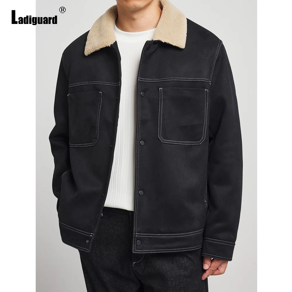 Ladiguard 2022 Single Breasted Jackets Winter Fleece Jacket Mens Fur Collar Pockets Windbreaker Ropa De Hombre Cashmere Coats