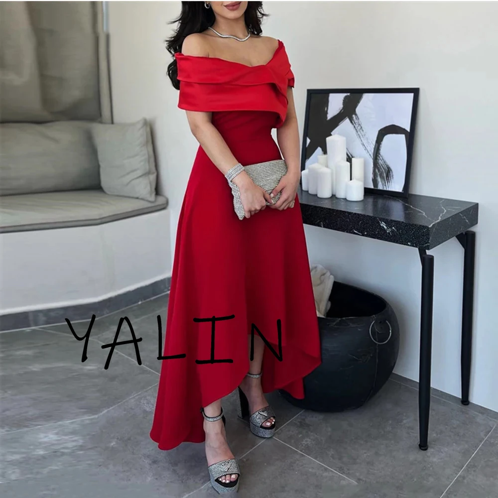 Yipeisha Simple High quality Red Jersey Evening Dress Off the Shoulder Draped Hi-Lo Ankle Length Formal Pageant Party Prom Gowns