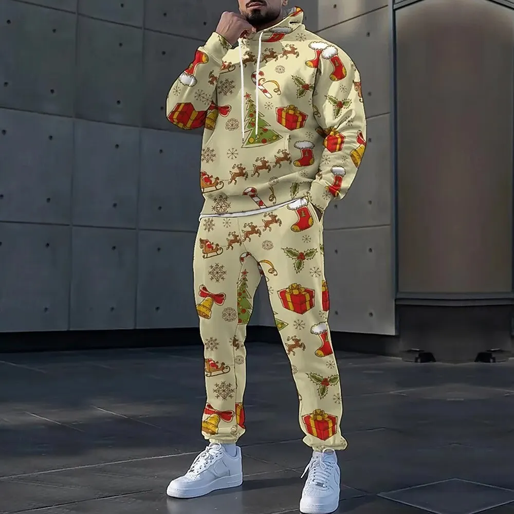 ชุดฮู้ดดี้พิมพ์ลายซานตาคลอส 3 มิติ สำหรับผู้ชาย ชุดลำลองฤดูใบไม้ร่วง เสื้อสเวตเชิ้ตและกางเกงขายาว 2 ชิ้น แฟชั่นสไตล์คริสต์มาส ชุดวอร์ม เสื้อผ้าคริสต์มาส