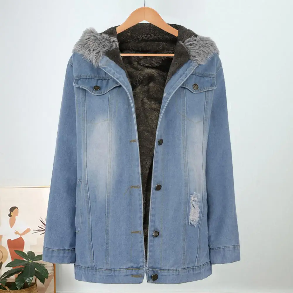 Women Coat Cozy Winter Women's Denim Coat with Furry Hood Plush Lining Stylish Button Closure Jacket with Flap for Windproof