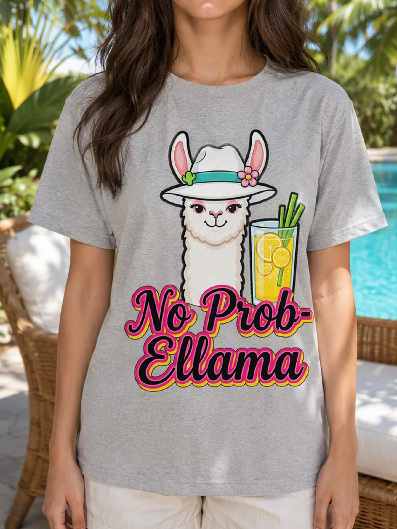 Women's Cute Llama Lemonade Graphic Tee Short Sleeve Crew Neck Casual Summer Streetwear Blend Fashion Top