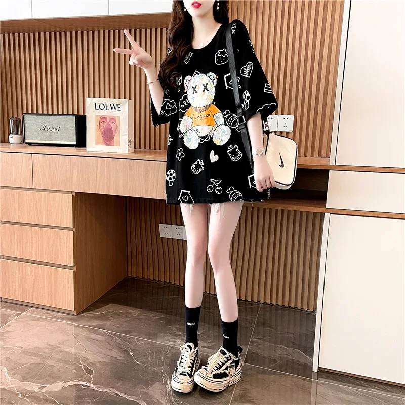 Summer Korean Style Loose Mid-length Designer Top Bear Print  Short-sleeved T-shirt Women Kawaii Clothes Graphic Tees