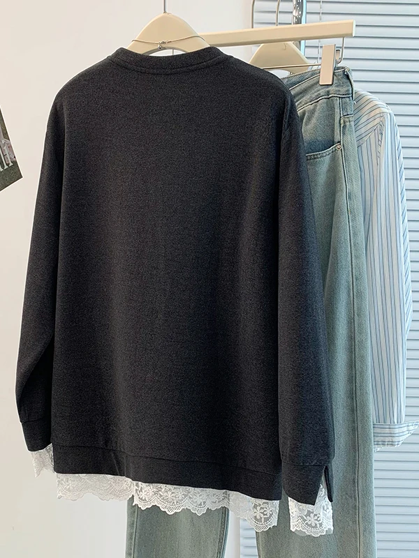 暖かいレーススプライスラウンドネプリントT-irt韓国Sle女性の秋冬新作ファイオン多用途ロングSveサーマルトップ