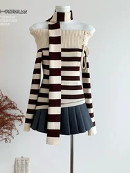 Winter Women Korean Fashion Pullovers Slash Neck Design Knitwear Gyaru Long Sleeve Coquette Striped Sweater Jumper 2000s Shoujo