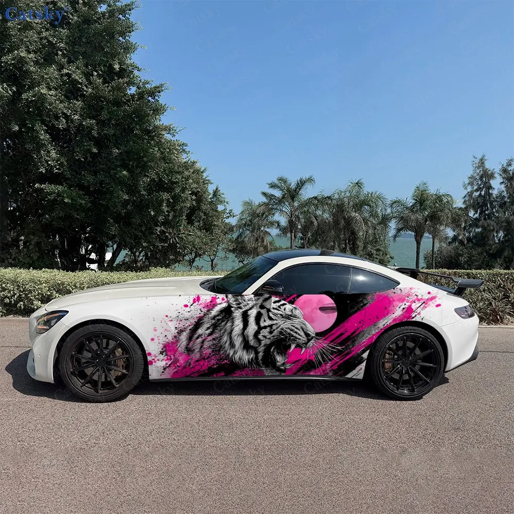 2pcs Magenta Splatter Beast Car Side Wraps, Self-Adhesive PVC Waterproof & Scratch-Resistant Stickers, Car Accessory Gift