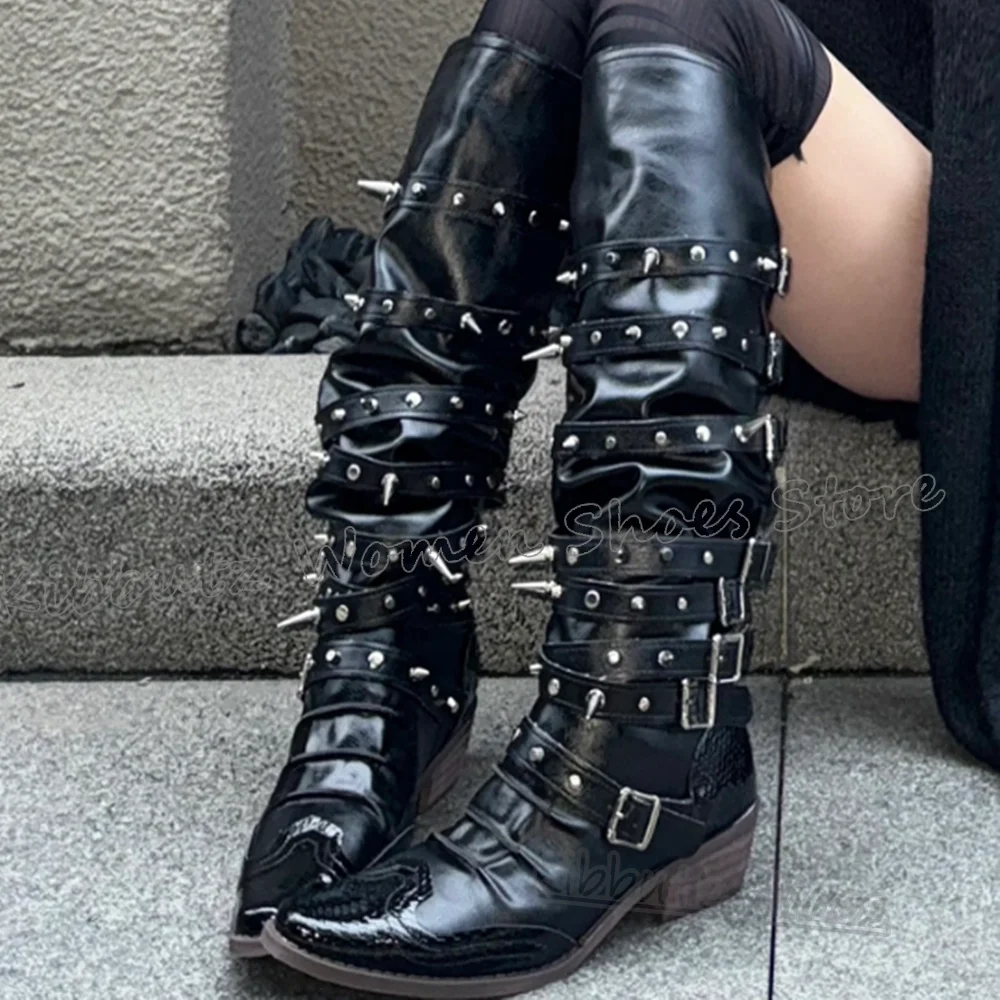 المسامير الشرير الصخرة الأحذية الركبة عالية الجلود بلون موضة أنيقة مثير موجزة الجدة الفاخرة حزام مشبك حار الفتيات الأحذية