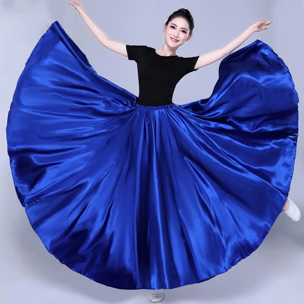 Pleated Maxi Skirt Elegant Satin Performance Skirt with High Elastic Waist Pleated Super Big Hem for Spanish Dance Swing Dancing