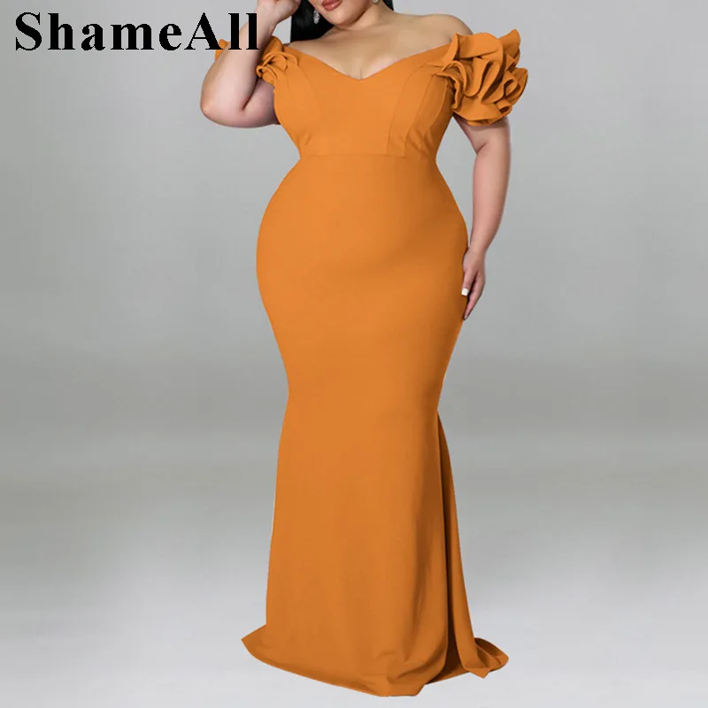 

Plus Size Off Shoulder Floral Ruffle Sleeve Long Maxi Dress 4XL Summer Women Bodycon Celebrate Evening Party Club Outfits Robe