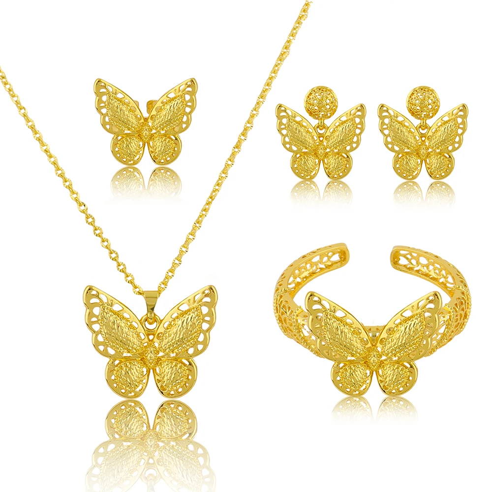 YM Ensemble de boucles d'oreilles et collier papillon ajouré plaqué or 18 carats pour femmes, breloque, nouvelle mode, bijoux de fête de mariée indienne nigériane, cadeaux 3