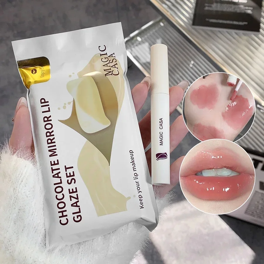 Conjunto de esmalte labial mágico casa, espelho de chocolate, longa duração, à prova d'água, copo antiaderente, brilho labial, hidratante, batom líquido