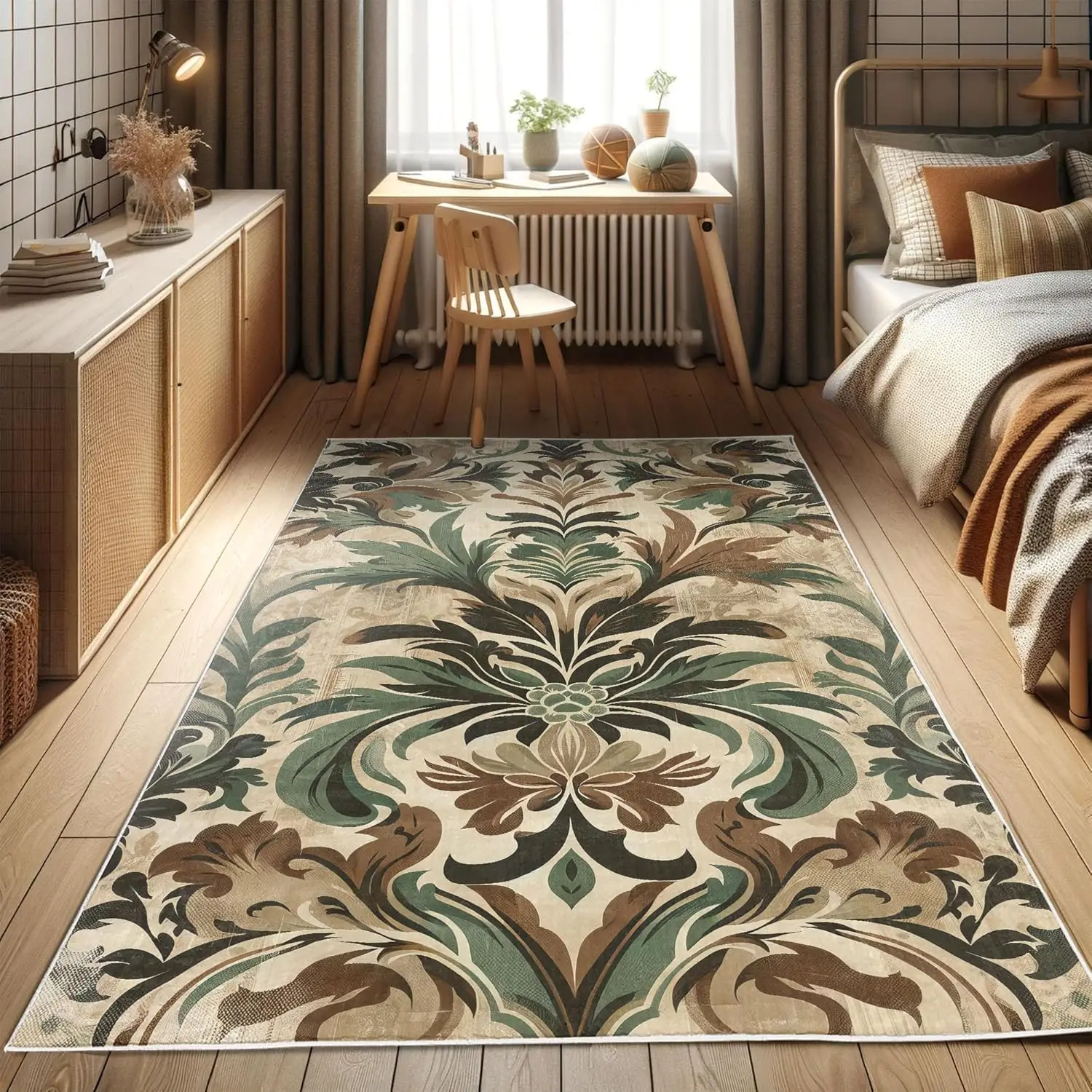 Bohemian Decorative Rug, Watercolor Boho Leaves Damask Like Art in Fall Colors Autumnal Vibes, Quality Carpet for Bedroom Dorm