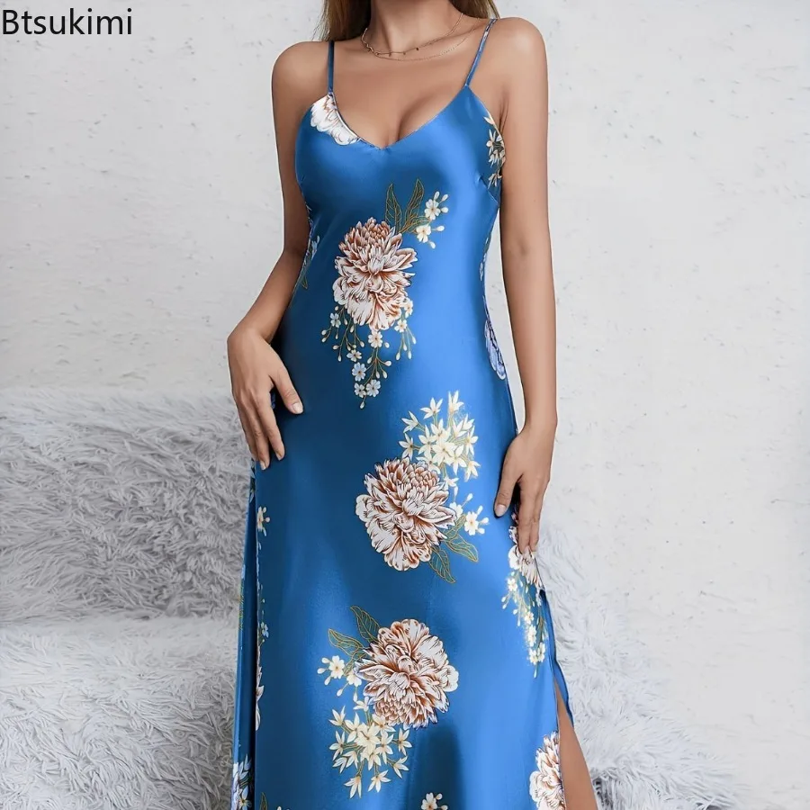 2025 신상 여성 여름 우아하고 섹시한 V넥 플로럴 프린트 실키하고 편안한 부드러운 슬립 나이트가운 슬립 드레스 라운지웨어 잠옷