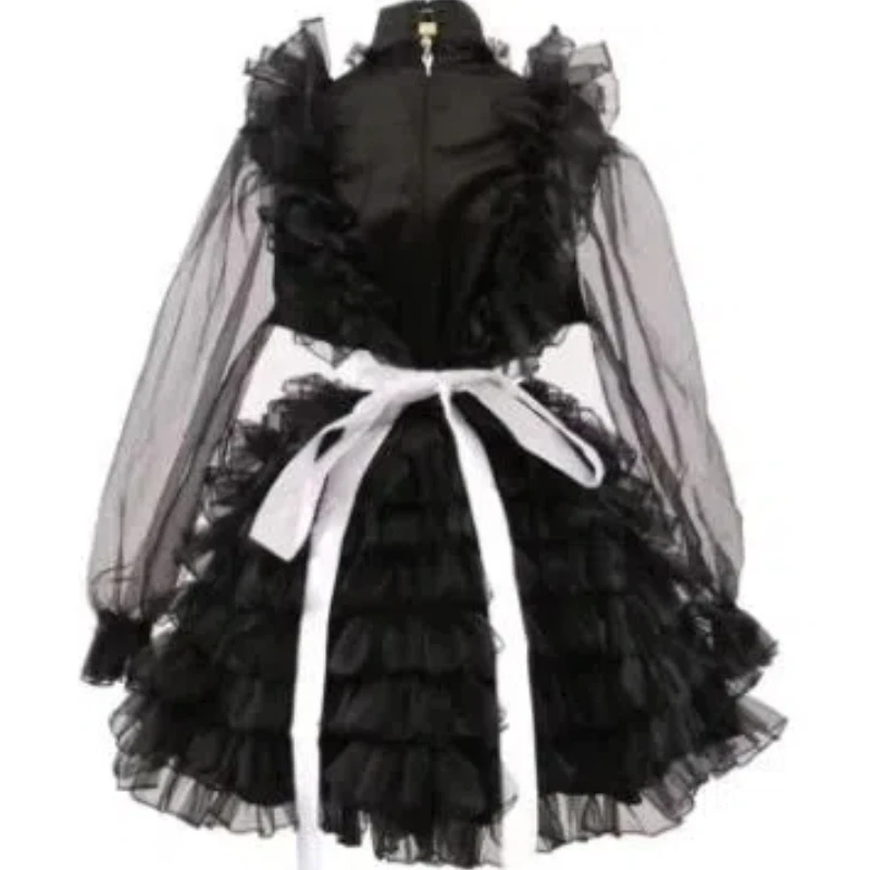 Lockable Spicy Girl Perspective Thin Organza Princess Black Satin Dress Role Play Dress Fluffy Style Maid Dress